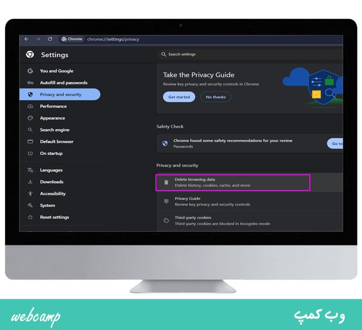 گام دوم جهت پاک کردن کش گوگل کروم دسکتاپ